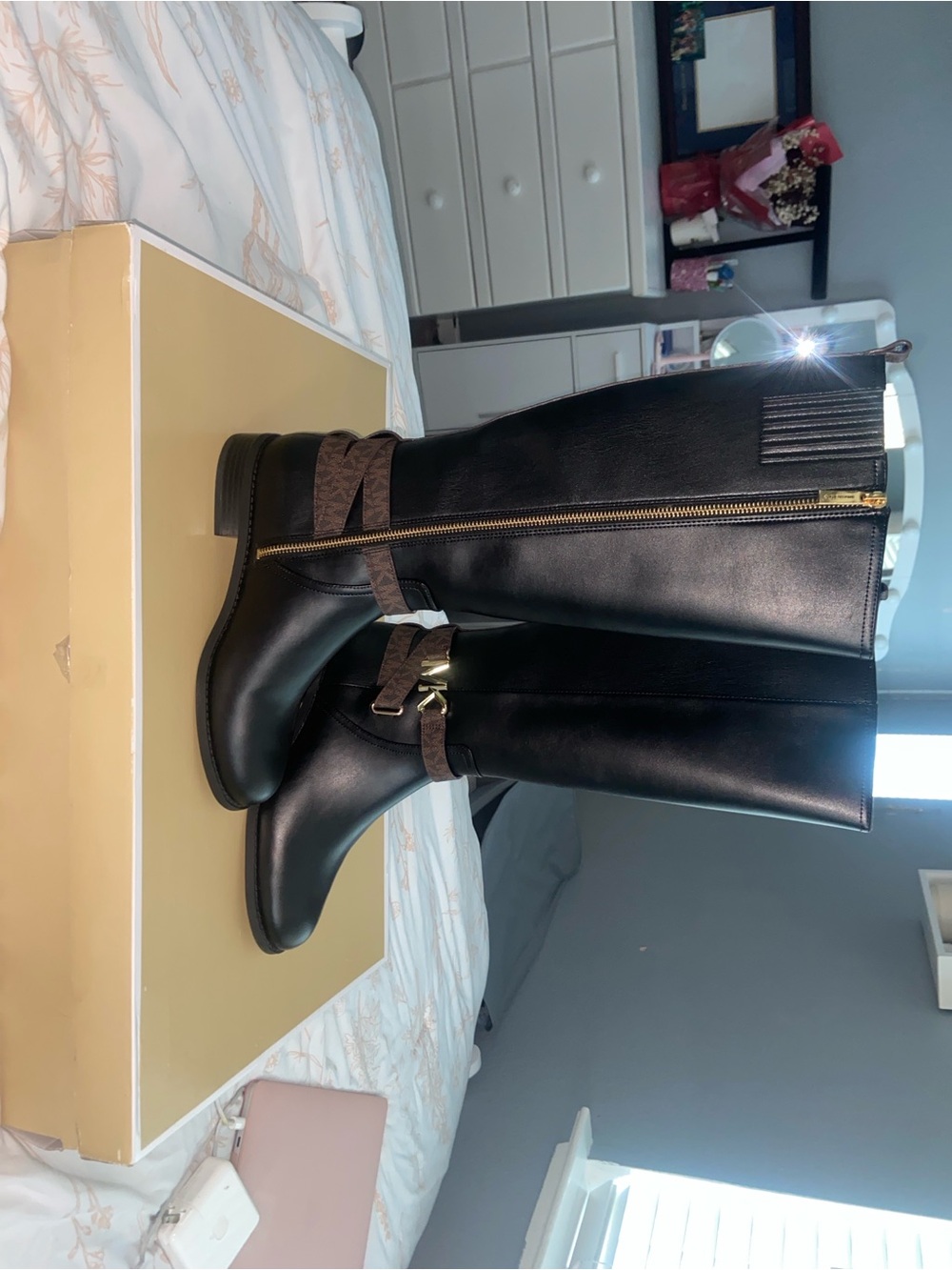 Michael Kors Black Leather Knee-High Boots with Brown Strap